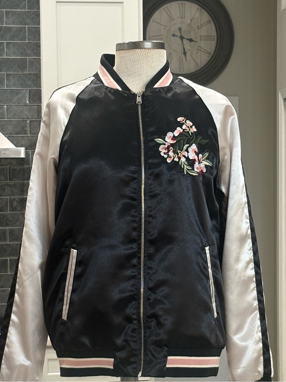 Vintage Haute Monde Black Satin Bomber Jacket with Pink Floral Embroidery